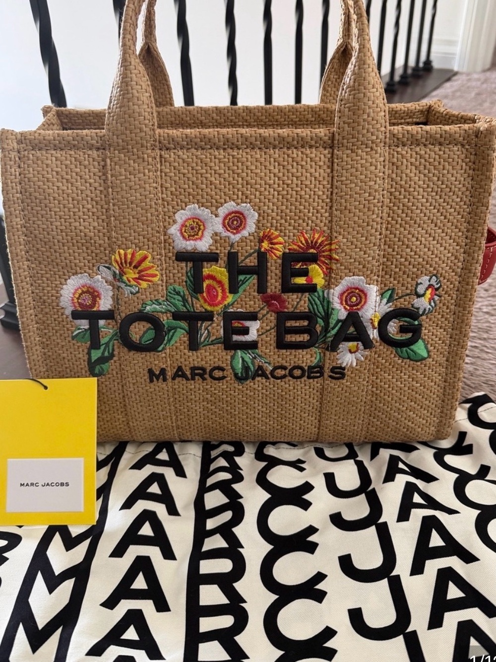 Marc Jacobs Tan Straw Tote with Colorful Floral Embroidery